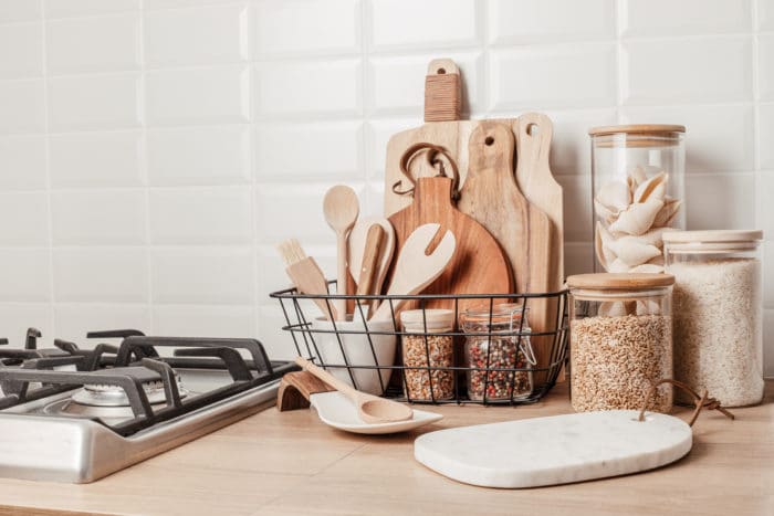 Eco friendly kitchen utensils and decoration, sustainable ethical lifestyle, zero waste storage, minimal modern kitchen interior details