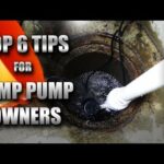 The image includes a close-up view of a sump pump inside a sump pit. Water is present in the pit, and the sump pump has various pipes and electrical cords attached to it. There is text overlaying the image, offering tips for sump pump owners.