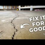 An image of a cracked concrete floor in a building, featuring a large, prominent crack that spans the image. There is text and an arrow graphic overlaid that suggest a call to action to repair the crack permanently.