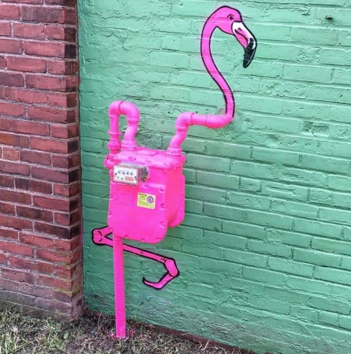 Gas meter painted pink meant to look like a flamingo